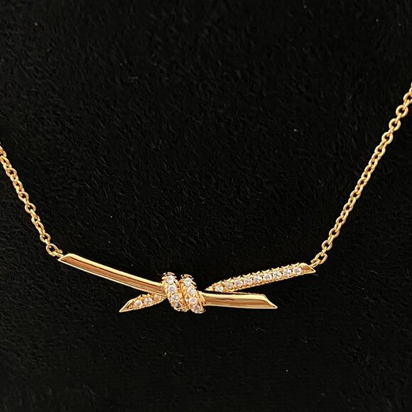 Tiffany & Cos Signature Rose Gold Bow Necklace Partially Encrusted With Diamo - Picture 2 of 8